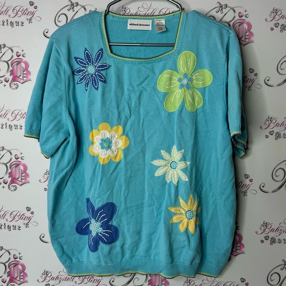Alfred Dunner short sleeve floral flower embroidered Blue Short Sleeve T-Shirt